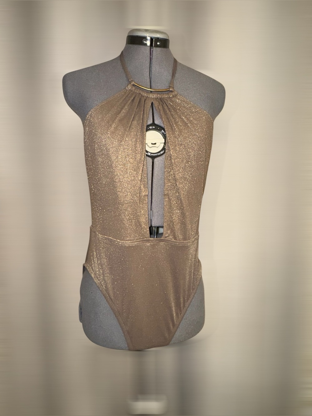Kenneth Cole Shimmer Gold Plunge Halter Swimsuit - L